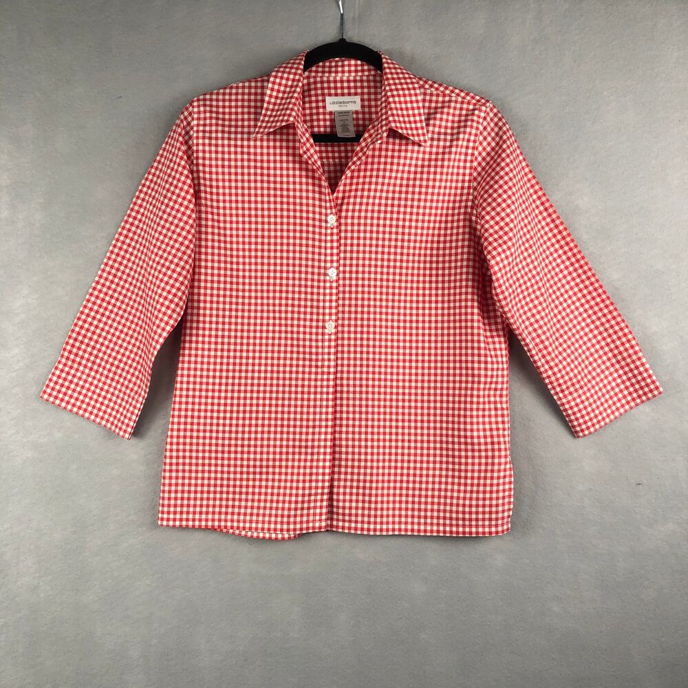 Liz Claiborne Women's Size Petite P Gingham Button-Up Non-Iron Top Red